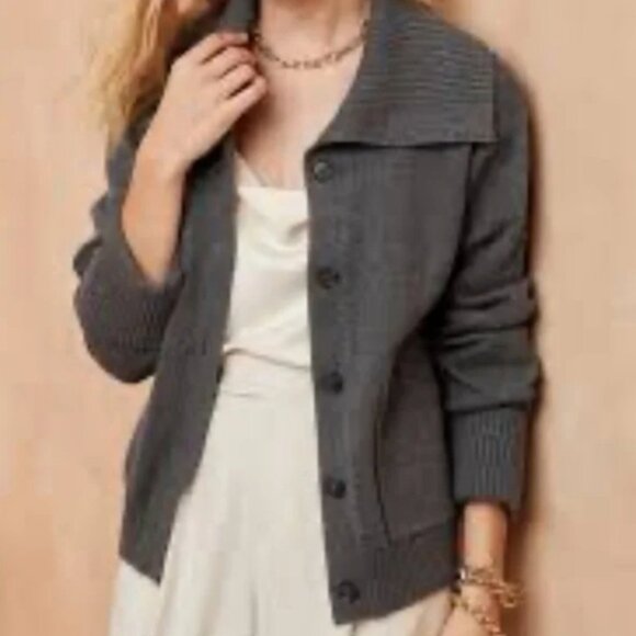 .Banana Republic Gray Cotton Shawl Collar Cardigan Side Pockets Lagenlook Size M - Picture 1 of 5